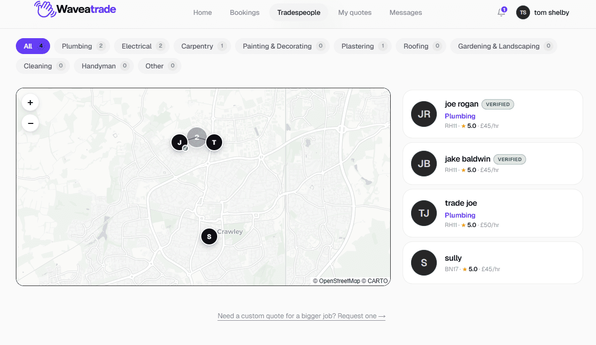 Tradespeople directory with an interactive map and trade cards alongside